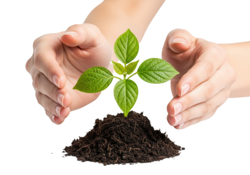 Light-skinned, gender-neutral adult hands delicately cup a vibrant green seedling with lush leaves rooted in dark soil, on a transparent background with copy space. Concept of new life and