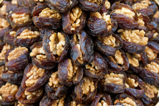 Close-up of dates stuffed with walnuts at Naschtmarkt