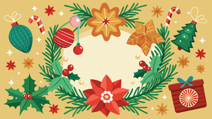 Vector art of christmas frame with gingerbread, ornaments, candy canes, and holiday decorations