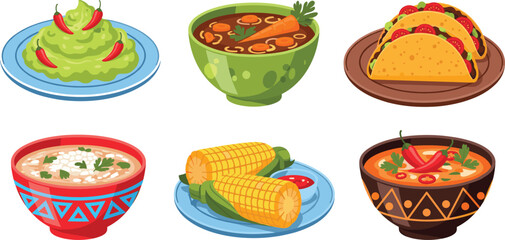 Traditional Mexican Food Vector Set with Tacos, Guacamole, Corn, Pozole, and Soup in Flat Design for Menu and Posters