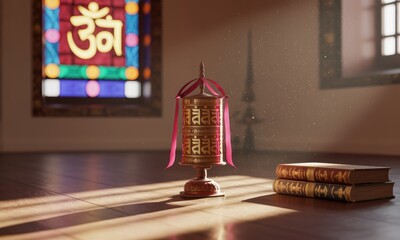 Golden prayer wheel, sunlight, stained glass