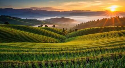 Fototapeta premium Expansive view of lush green rice fields with rolling hills at sunrise, capturing a calm agricultural landscape.
