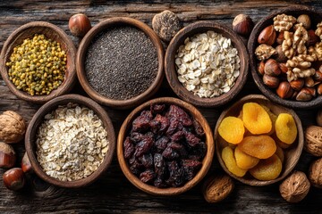 Variety of healthy breakfast ingredients and superfoods in rustic wooden bowls.