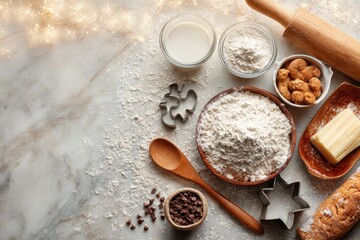 Cozy holiday baking setup with ingredients, fairy lights on marble countertop