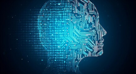 Digital Head with Circuit Board and Binary Code | Futuristic Technology Concept for Artificial Intelligence and Cybersecurity