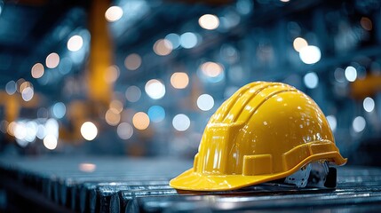 Yellow Hard Hat on Metal Surface with Bokeh Lights in Background