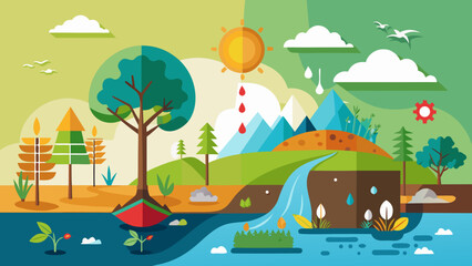 Fototapeta premium Vector art of cartoon earth with trees and sun for environment concept and climate change