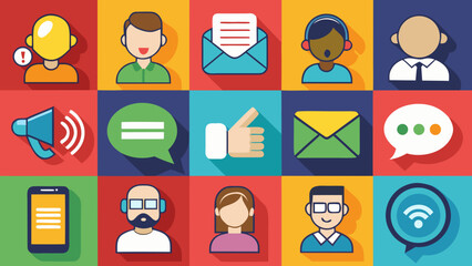 Fototapeta premium Vector art of communication and contact icons with people, speech bubbles and envelopes