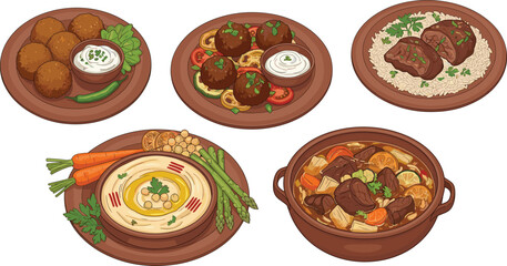 Traditional Middle Eastern Cuisine with Falafel, Hummus, Meat Stew, and Rice – Top View Vector Illustration of Cultural Food Dishes