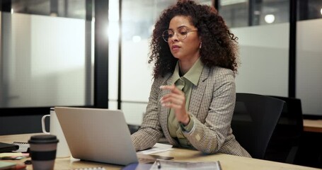 Laptop, typing and business woman with headache, stress and burnout with tax audit in office. Computer, migraine and accountant with pain, tired and fatigue in workplace with bookkeeping mistake - Powered by Adobe
