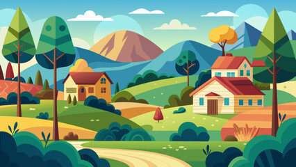 Fototapeta premium Vector art of a beautiful landscape with houses, trees and mountains in the background