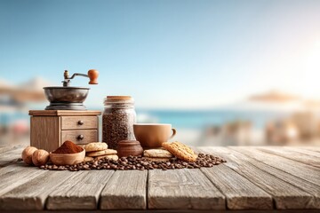 Relaxing coffee break with delicious cookies on a beachside wooden table.