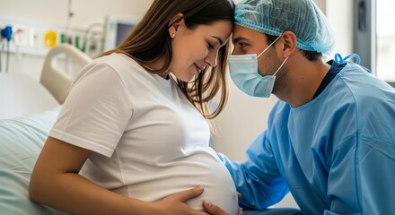 Pregnant woman and supportive partner bonding in hospital during labor with love, encouragement and anticipation for childbirth and family arrival