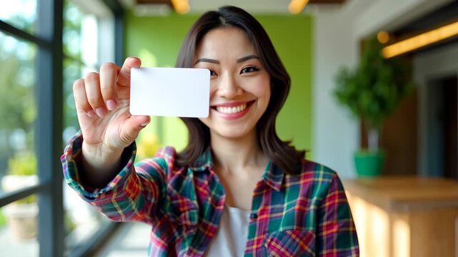 Smiling woman holding blank white business card indoors with modern background showing cheerful professional lifestyle - Powered by Adobe