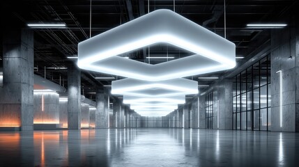 Modern Architecture Interior with Concrete Pillars and Geometric Lighting