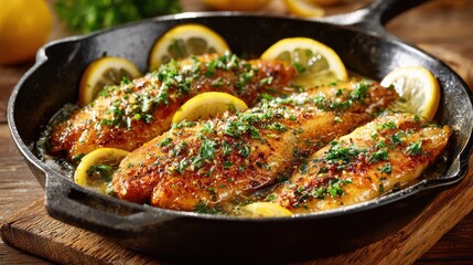 Fototapeta premium Pan-Fried Fish Fillets with Lemon and Herbs in Cast Iron Skillet
