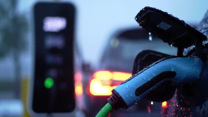 Car Parking with Blurred Traffic Lights in Urban Evening City Scene