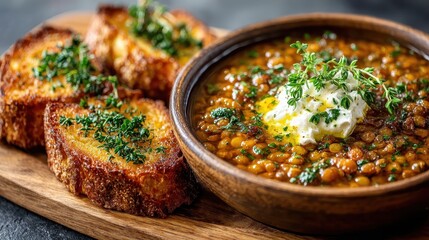 Hearty Lentil Soup with Toasted Bread and Fresh Herbs on Wooden Board
