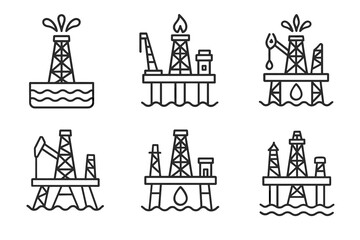 Fototapeta premium Set of six oil rig icons: offshore drilling platforms and extraction illustrations