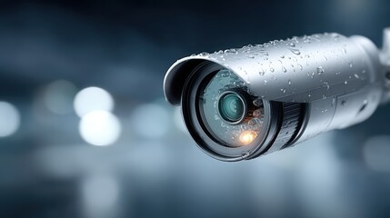 Security Camera Close-up with Water Droplets and Blurred Background