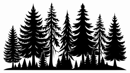 Fototapeta premium A dense forest of stylized evergreen trees silhouetted against a clean white background