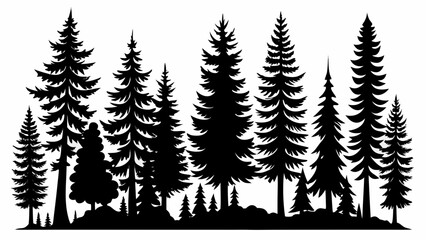 Obraz premium Diverse collection of black silhouette evergreen pine trees against a white background