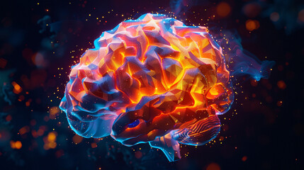 "Futuristic Digital Brain Glowing in Neon Colors, Surrounded by Abstract Elements and Sparkling Particles, Representing Artificial Intelligence, Creativity, and the Intersection of Technology, Science
