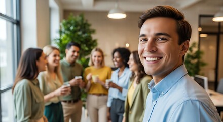 Obraz premium Smiling Team Member in Focus During Warm, Joyful Business Break, Surrounded by Colleagues