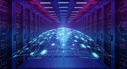 Data Center Visualization - Global Network Connection in Server Room.