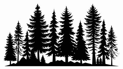 Obraz premium Black silhouette of a dense forest of pine trees against a white background