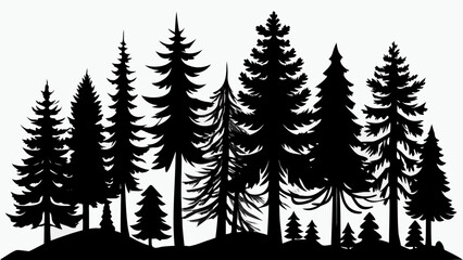 Obraz premium A diverse collection of black evergreen trees silhouetted against a clean white background