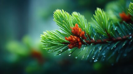 Fresh Spruce Branch with Young Cones and Water Droplets Close-up