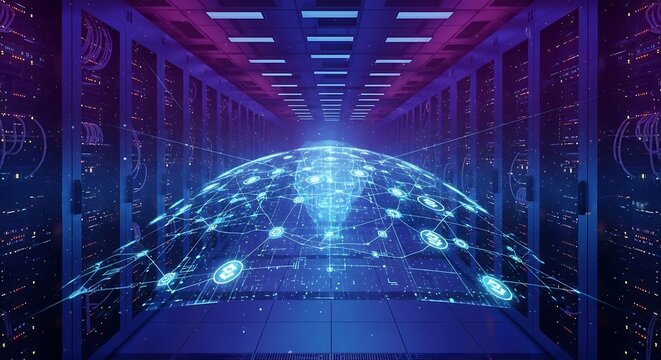 Data Center Visualization - Global Network Connection in Server Room. - Powered by Adobe