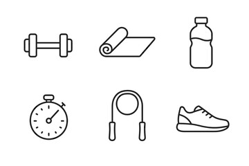 Fitness equipment icons: dumbbell, yoga mat, water bottle, stopwatch, jump rope, shoe