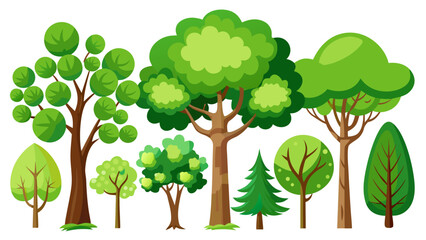 Collection of diverse cartoon trees with green foliage and brown trunks set against a white background