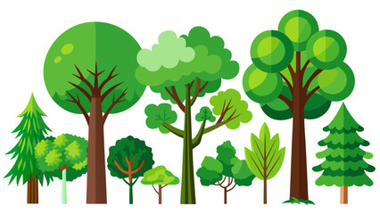 Collection of stylized green trees and evergreens in various shapes and sizes against a white background