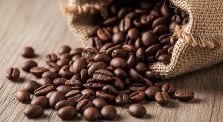 Fototapeta premium Abundant roasted coffee beans spilling from a burlap sack creating a rich aromatic display on a wooden surface