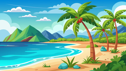 Fototapeta premium Vibrant cartoon tropical island paradise with palm trees sandy beach and turquoise ocean water