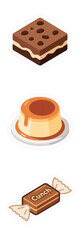 A delightful collection of classic desserts: a rich brownie, a creamy flan, and a wrapped candy, all rendered in a charming isometric vector style.