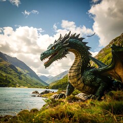 Naklejka premium Dragon overlooking a lake