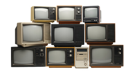 Collection of Vintage Retro CRT Televisions and Monitors, Retro Technology Stack. retro tv monitor frame, analog screen, old school design. Clipping path.