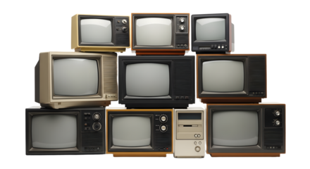 Collection of Vintage Retro CRT Televisions and Monitors, Retro Technology Stack. retro tv monitor frame, analog screen, old school design. Clipping path.