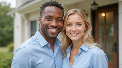 Diverse couple with home