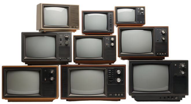 Collection of Vintage Retro CRT Televisions and Monitors, Retro Technology Stack. retro tv monitor frame, analog screen, old school design. Clipping path.
