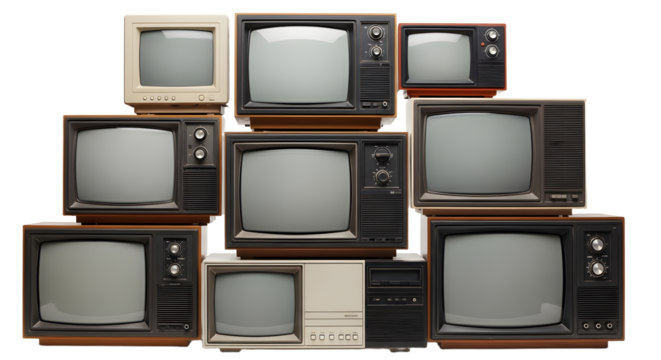 Collection of Vintage Retro CRT Televisions and Monitors, Retro Technology Stack. retro tv monitor frame, analog screen, old school design. Clipping path.