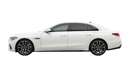 A transparent luxury sedan car with sleek modern design, polished finish, dark tinted windows, and black alloy wheels on a transparent studio background, concept for premium automotive advertising