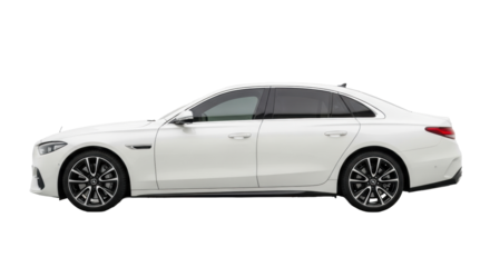 A transparent luxury sedan car with sleek modern design, polished finish, dark tinted windows, and black alloy wheels on a transparent studio background, concept for premium automotive advertising