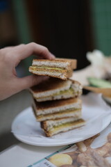 Kaya Toast 咖吔多士吐司 Kaya 土司三明治 Delicious Singapore Malaysia Thailand traditional street food, baked sweet kaya toast 