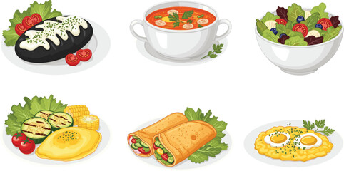 Vector illustration of healthy meals including salad, soup, omelet, scrambled eggs, wraps, and grilled vegetables on white plates.