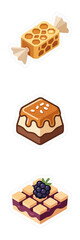 A delightful collection of sweet treats, including honeycomb candy, caramel dessert, and berry tart, rendered in a charming isometric vector style.